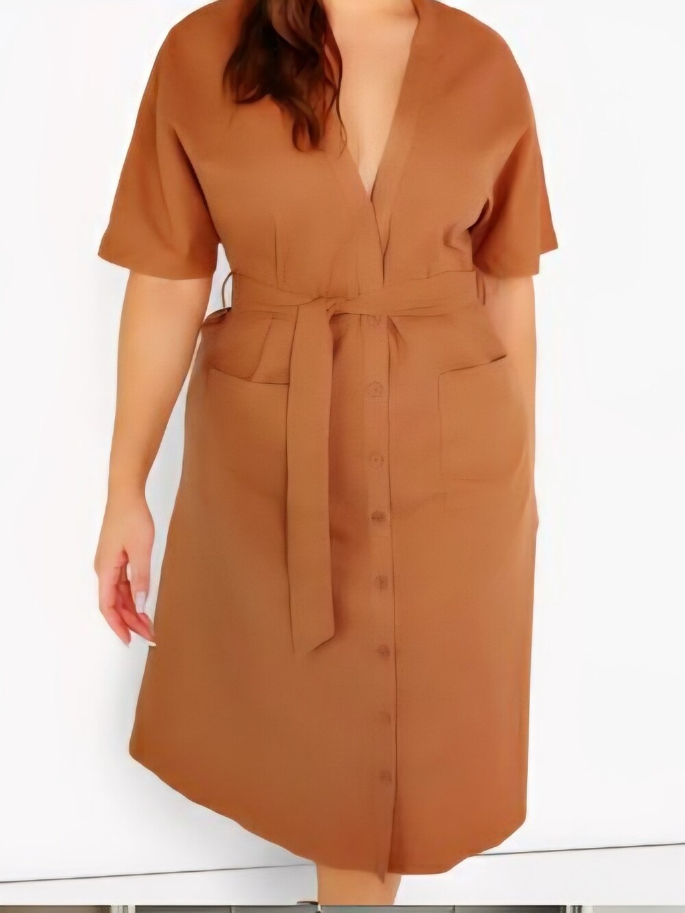 Rebdolls Rust Brown Button-Front V-Neck Midi Dress with Tie Waist